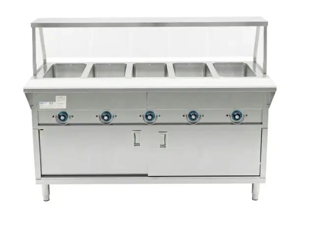 Prepline 74" Five Well Electric Hot Food Steam Table with Sneeze Guard and Enclosed Base