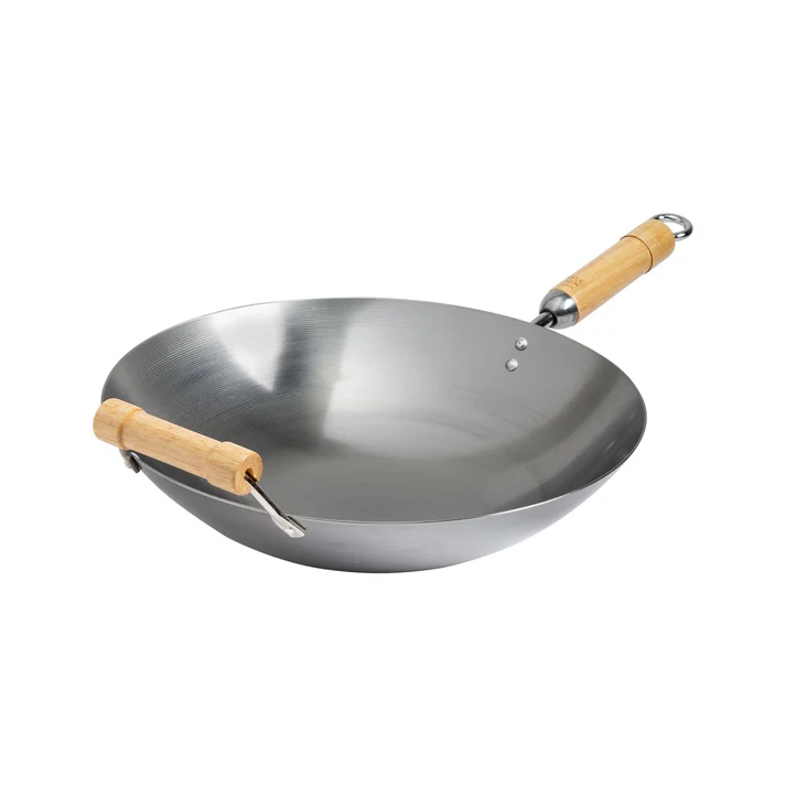 Joyce Chen Uncoated Carbon Steel Round Bottom Wok with Birch Handles, 14"