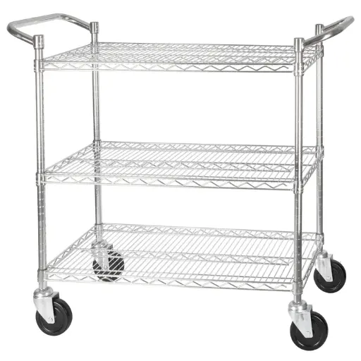 [VCCD-1836B] - 3-Tier Wire Shelving Cart, Chrome Plated, Double Handle with Brake - 18" x 36"
