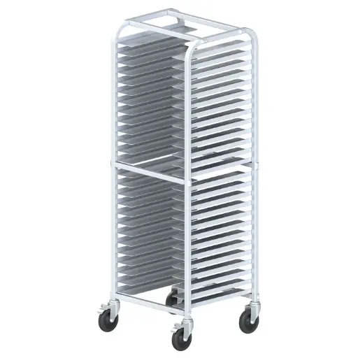  26-Tier End-Load Pizza Pan Rack with Brakes - 2" Spacing - Welded